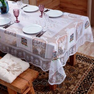 Toalha Mesa 1,60 x 3,20 Retangular Renda Branca Estampada Decorativa